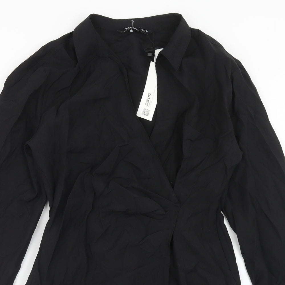 Zara Womens Black Polyester Shirt Dress Size L Collared Zip