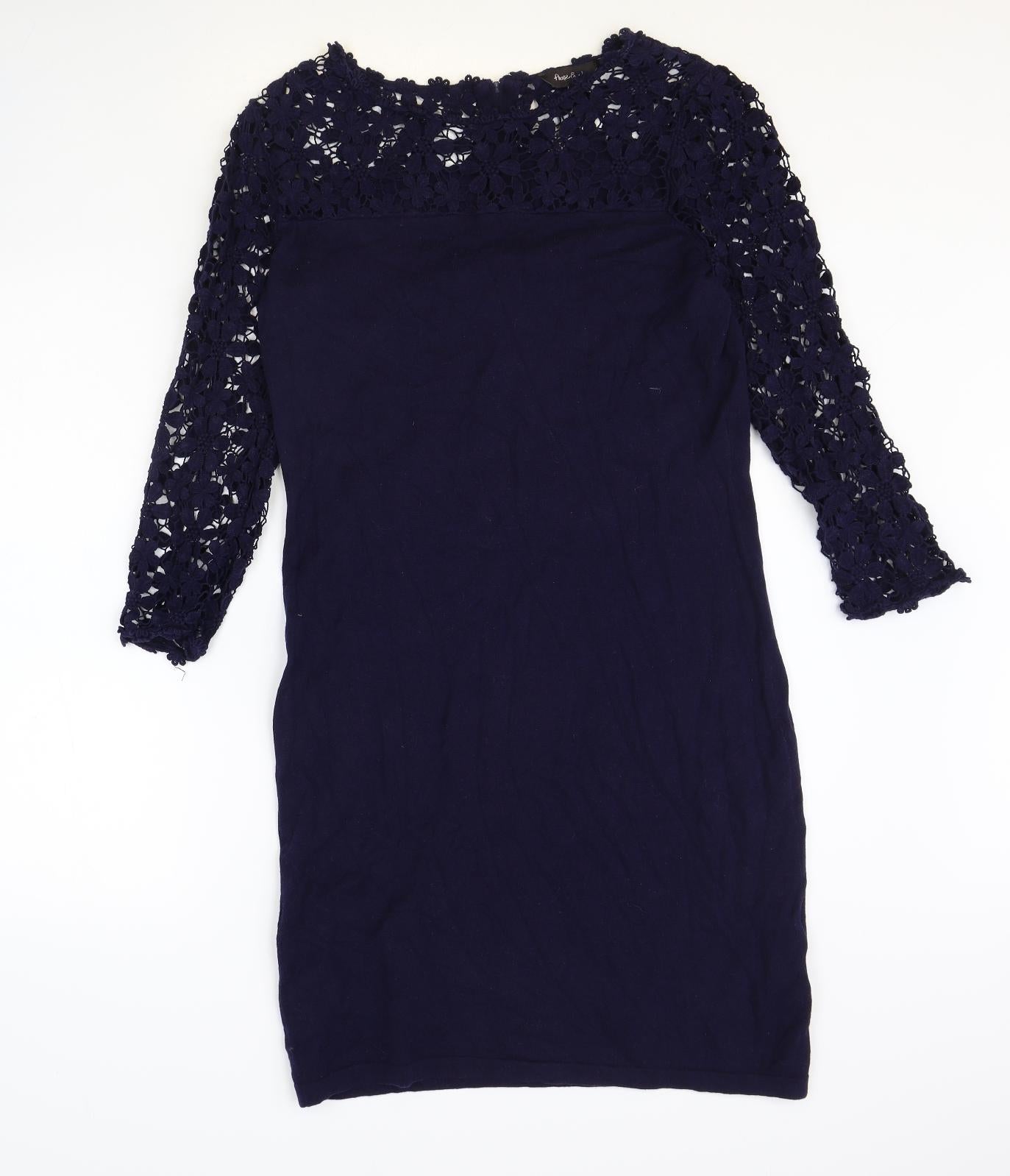 Phase Eight Womens Blue Cotton Pencil Dress Size 14 Boat Neck Zip - Lace Detail