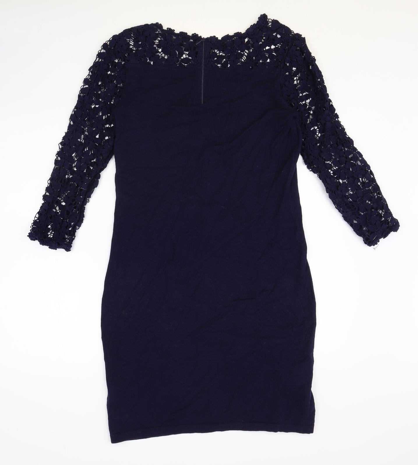 Phase Eight Womens Blue Cotton Pencil Dress Size 14 Boat Neck Zip - Lace Detail