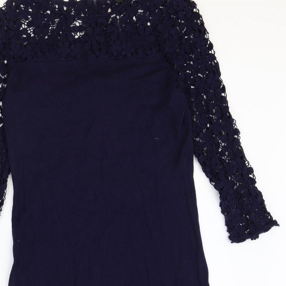 Phase Eight Womens Blue Cotton Pencil Dress Size 14 Boat Neck Zip - Lace Detail