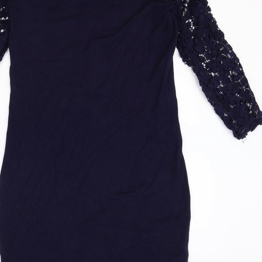 Phase Eight Womens Blue Cotton Pencil Dress Size 14 Boat Neck Zip - Lace Detail