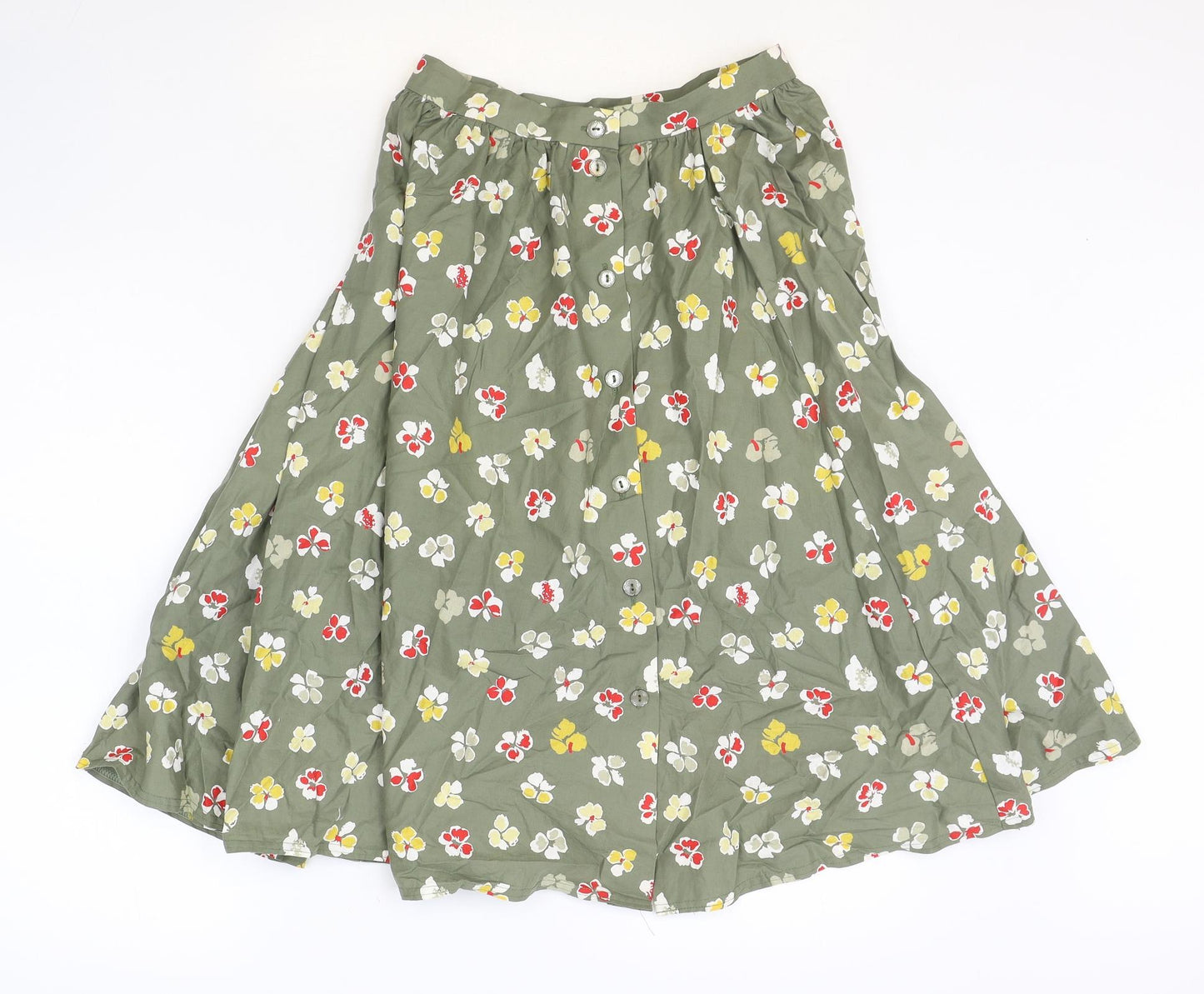 Marks and Spencer Womens Green Floral Cotton Flare Skirt Size 14 Button
