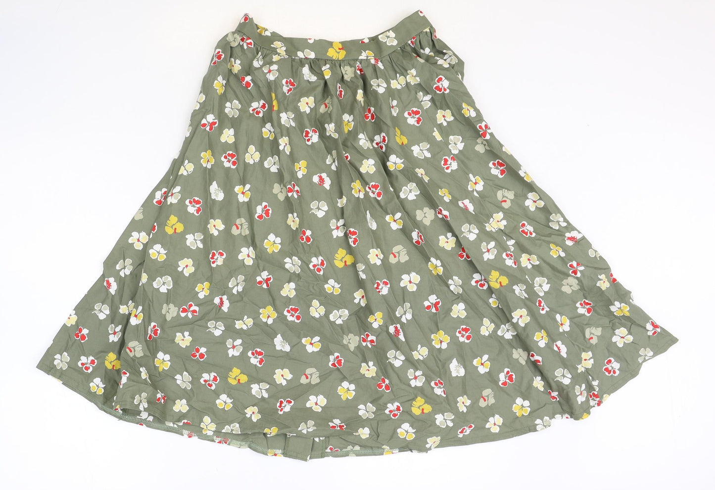 Marks and Spencer Womens Green Floral Cotton Flare Skirt Size 14 Button