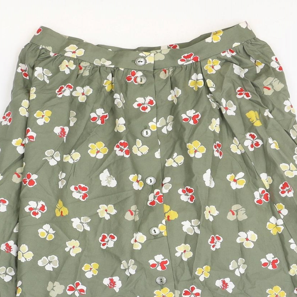Marks and Spencer Womens Green Floral Cotton Flare Skirt Size 14 Button