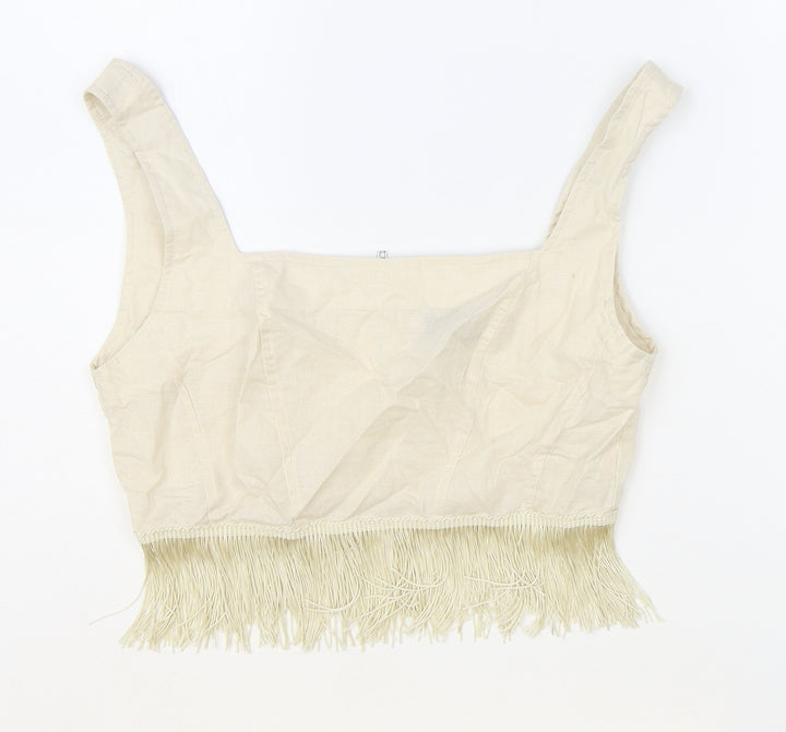 PRETTYLITTLETHING Womens Beige 100% Cotton Cropped Tank Size 10 Square Neck - Fringe Hem