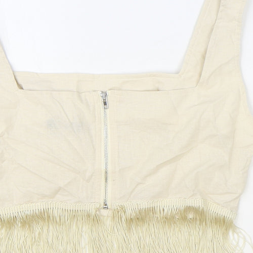 PRETTYLITTLETHING Womens Beige 100% Cotton Cropped Tank Size 10 Square Neck - Fringe Hem