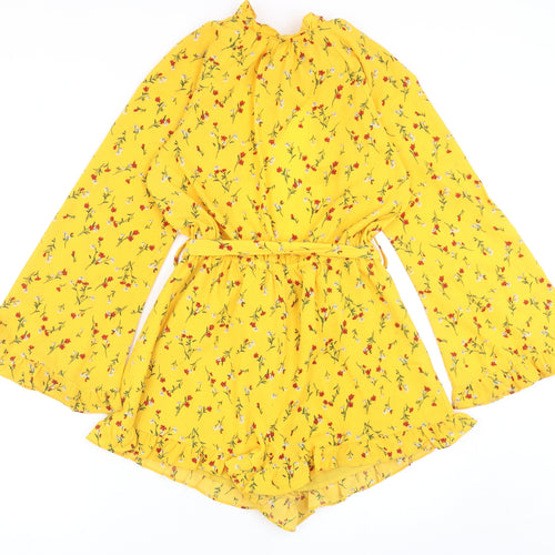 Eight Womens Yellow Floral Polyester Playsuit One-Piece Size S Tie