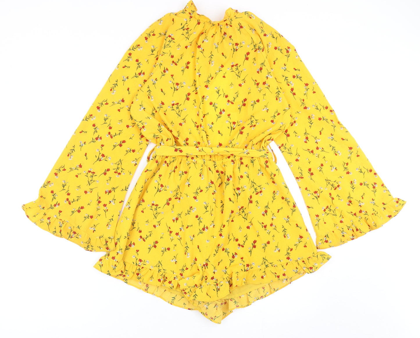 Eight Womens Yellow Floral Polyester Playsuit One-Piece Size S Tie