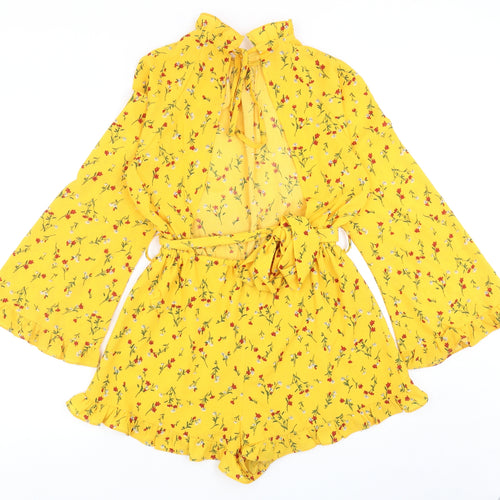 Eight Womens Yellow Floral Polyester Playsuit One-Piece Size S Tie