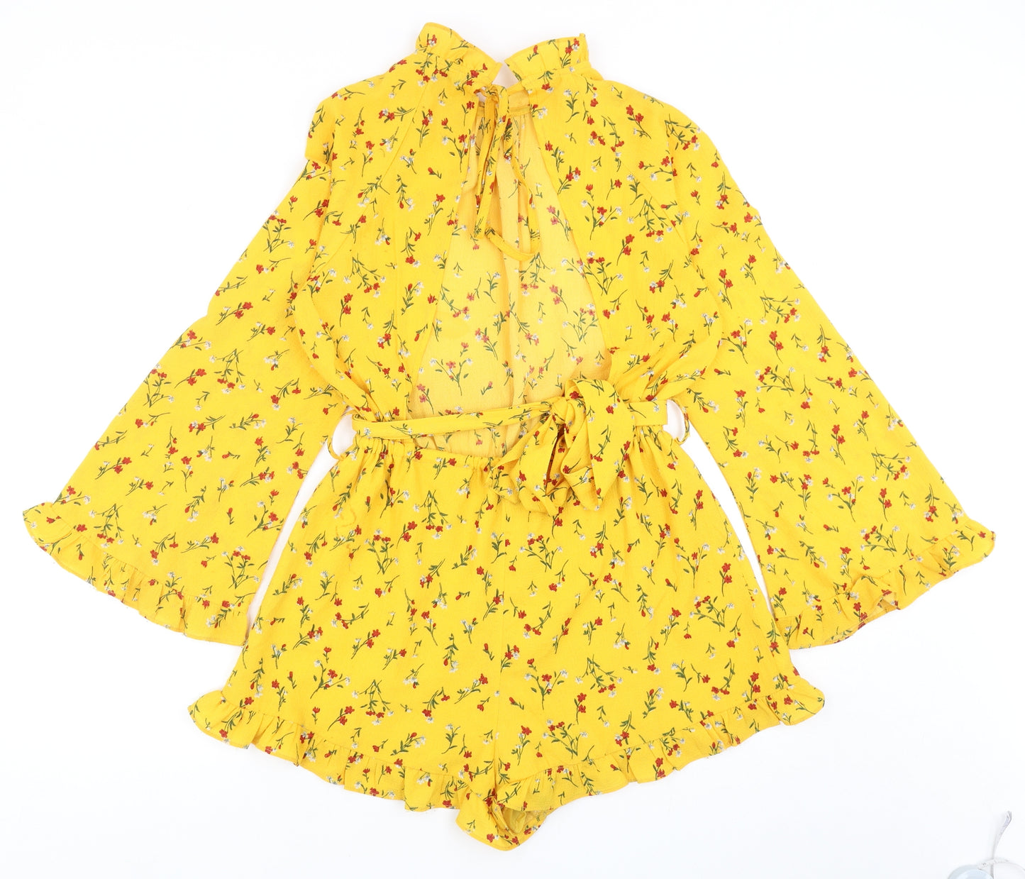 Eight Womens Yellow Floral Polyester Playsuit One-Piece Size S Tie