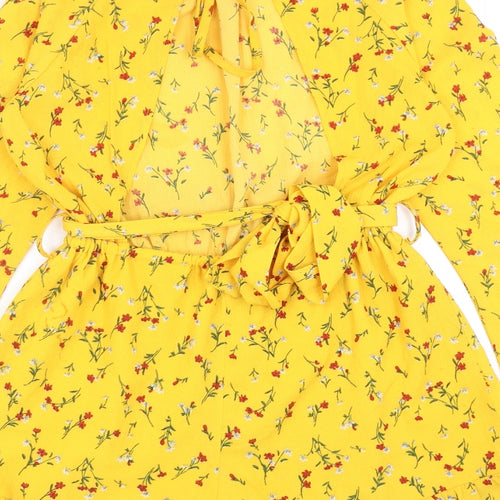 Eight Womens Yellow Floral Polyester Playsuit One-Piece Size S Tie