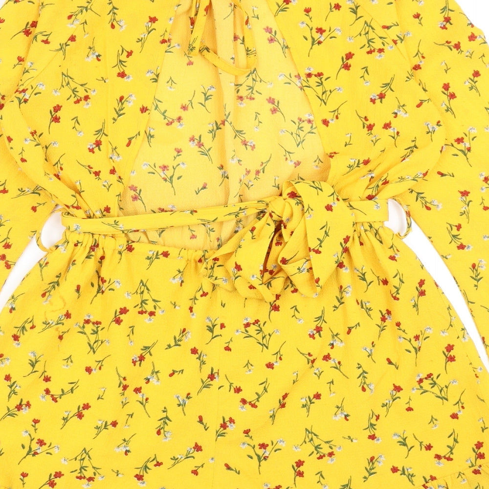 Eight Womens Yellow Floral Polyester Playsuit One-Piece Size S Tie