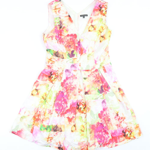 Warehouse Womens Multicoloured Floral Cotton Fit & Flare Size 12 V-Neck Zip