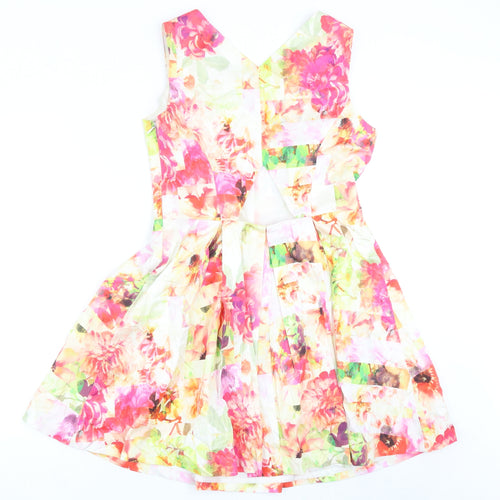 Warehouse Womens Multicoloured Floral Cotton Fit & Flare Size 12 V-Neck Zip