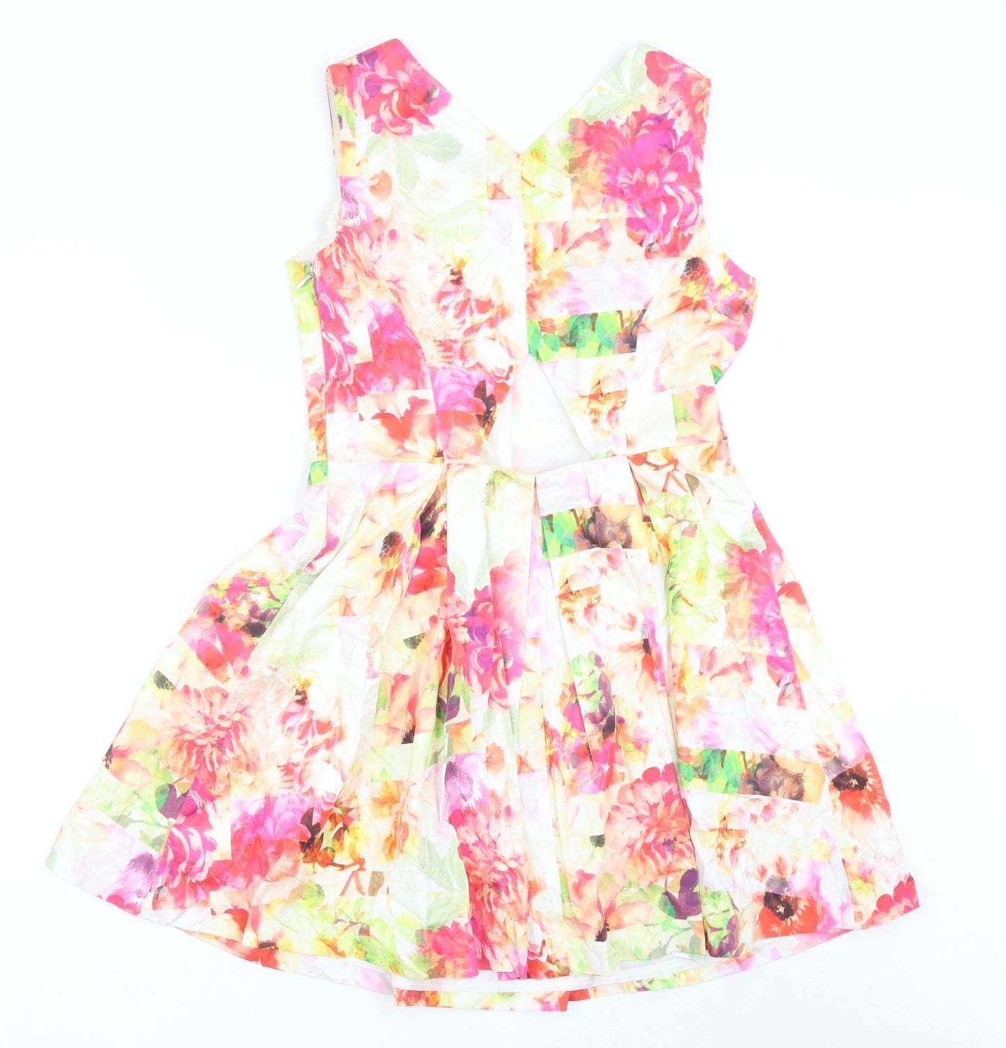 Warehouse Womens Multicoloured Floral Cotton Fit & Flare Size 12 V-Neck Zip