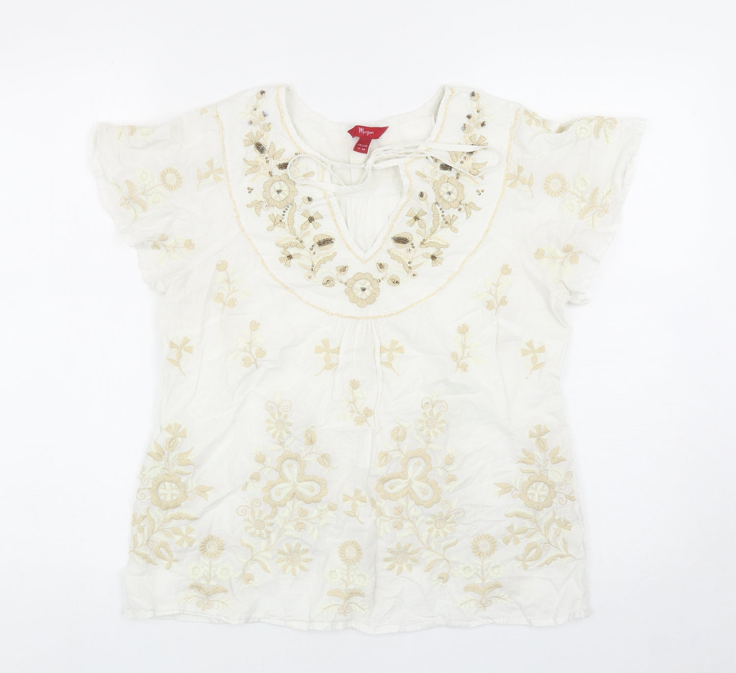 Monsoon Womens White Floral Cotton Basic Blouse Size 10 V-Neck