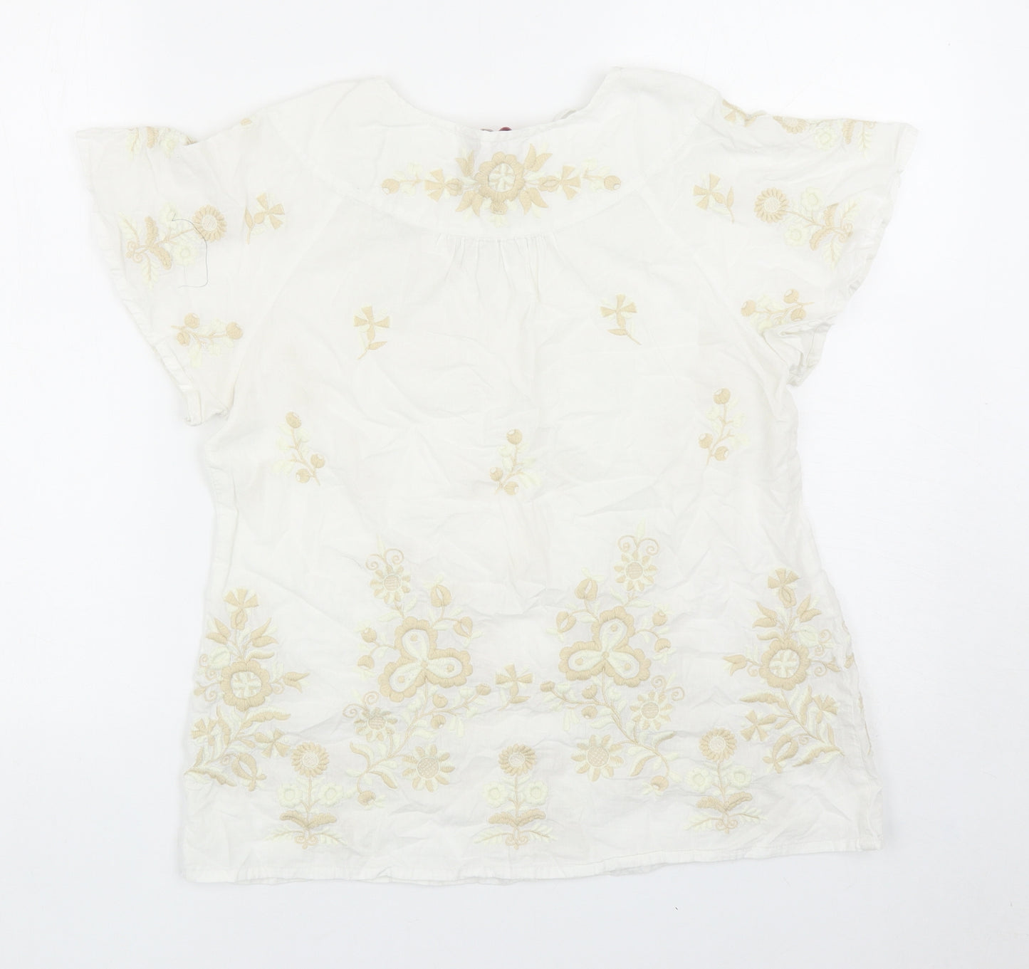 Monsoon Womens White Floral Cotton Basic Blouse Size 10 V-Neck