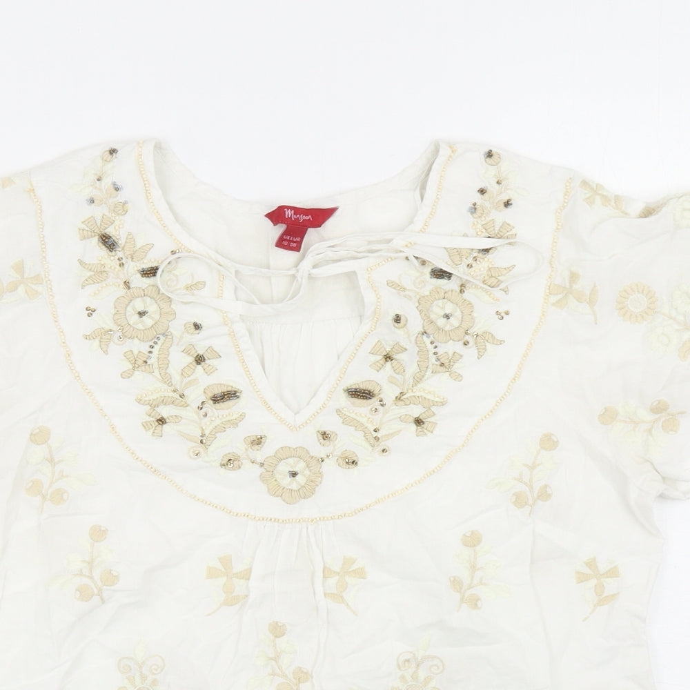 Monsoon Womens White Floral Cotton Basic Blouse Size 10 V-Neck