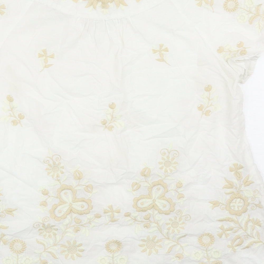 Monsoon Womens White Floral Cotton Basic Blouse Size 10 V-Neck