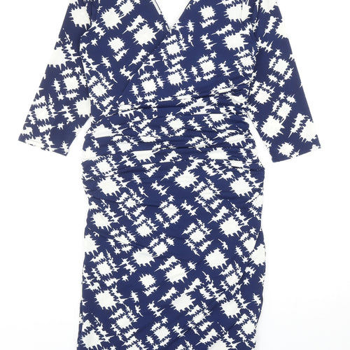 JDC Womens Blue Geometric Viscose A-Line Size 10 V-Neck Pullover