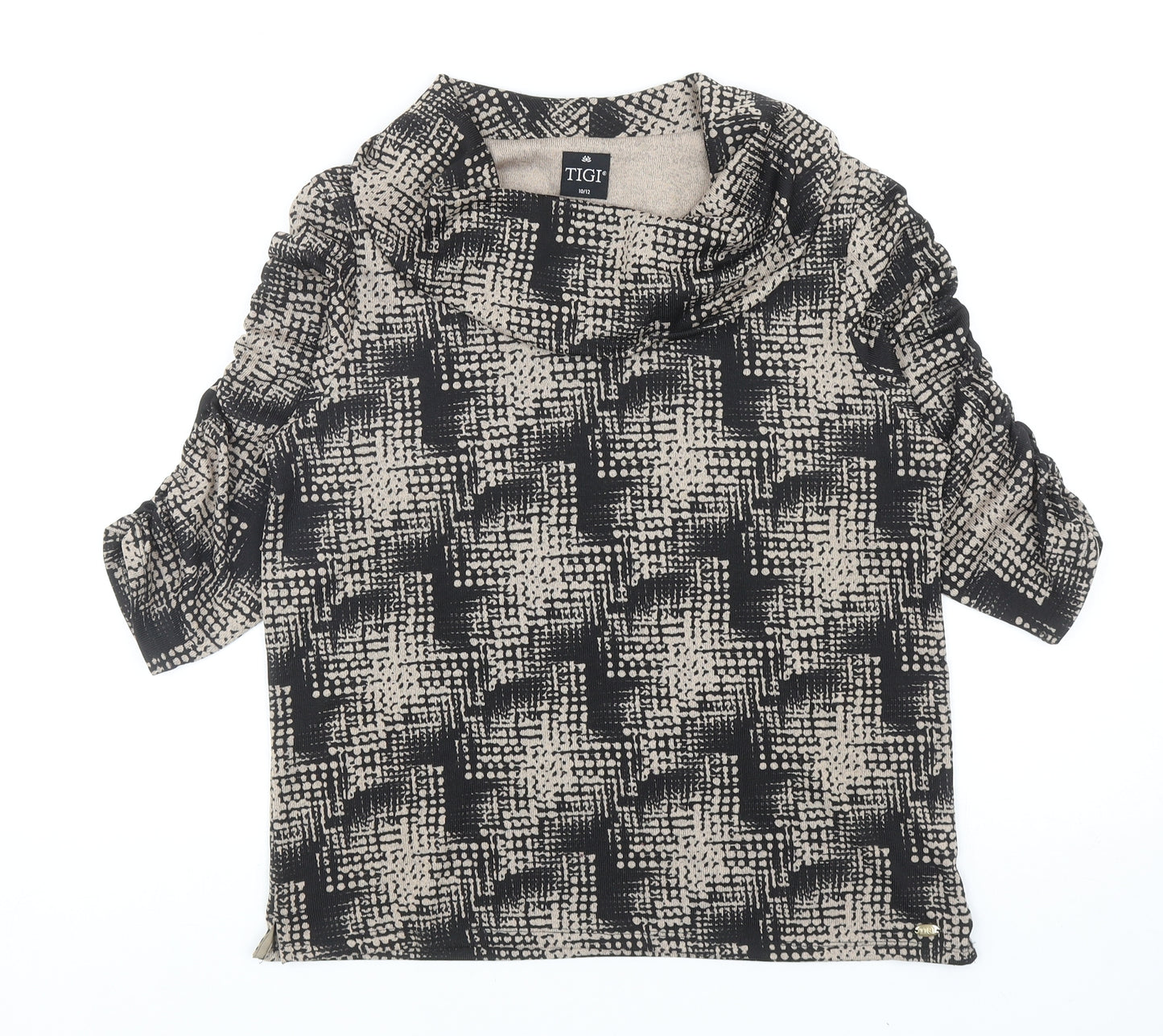 Tigi Womens Black Geometric Polyester Basic Blouse Size 12 Roll Neck