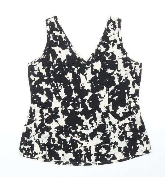 Front view of Anthology women’s black geometric polyester basic tank, size UK 12, v-neck