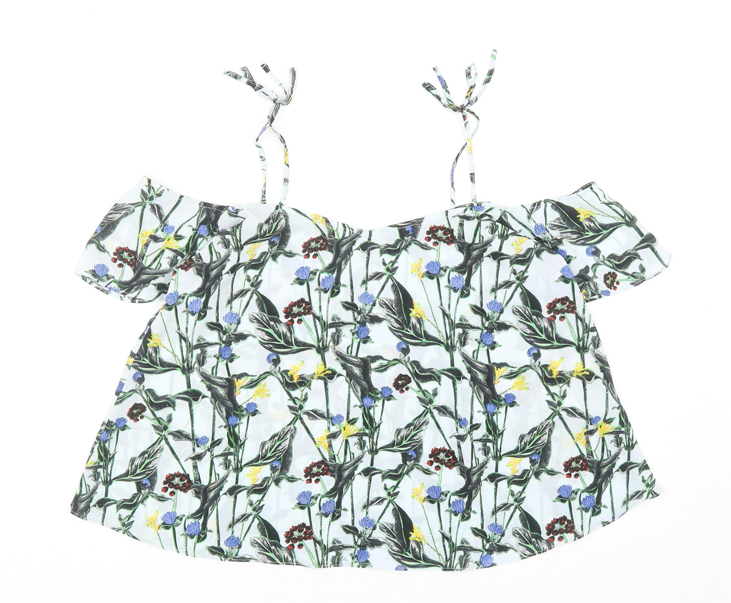 Topshop Womens Blue Floral Polyester Basic Blouse Size 8 Off the Shoulder