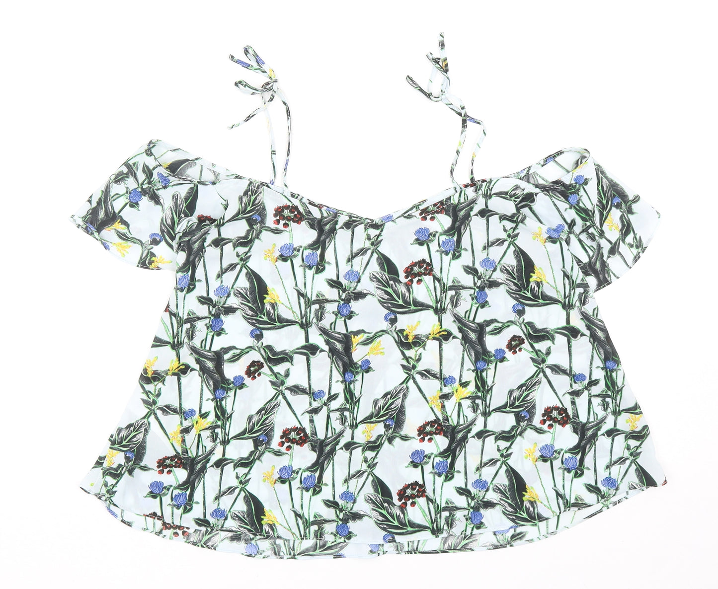 Topshop Womens Blue Floral Polyester Basic Blouse Size 8 Off the Shoulder