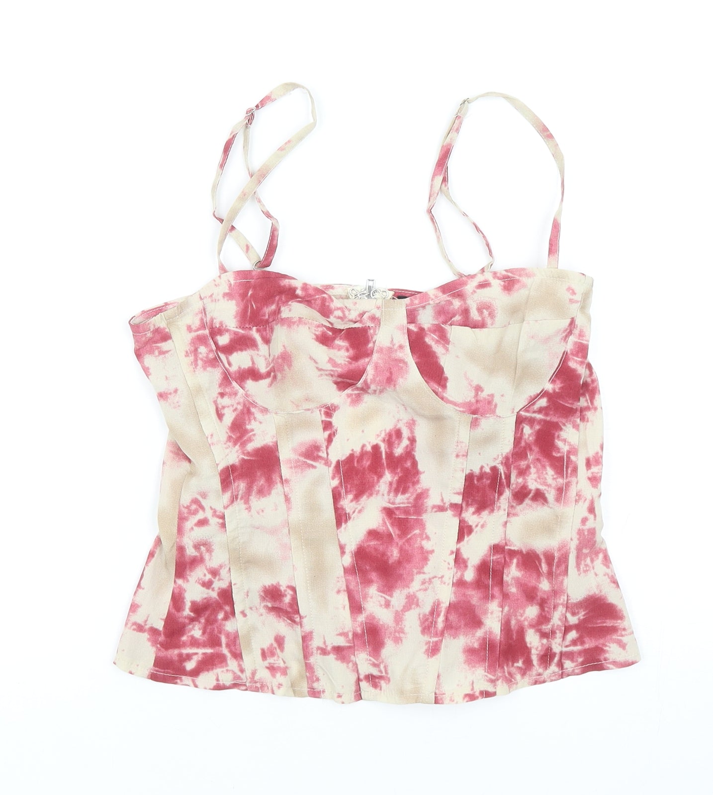 PRETTYLITTLETHING Womens Beige Polyester Cropped Tank Size 10 Square Neck - Tie Dye Pattern