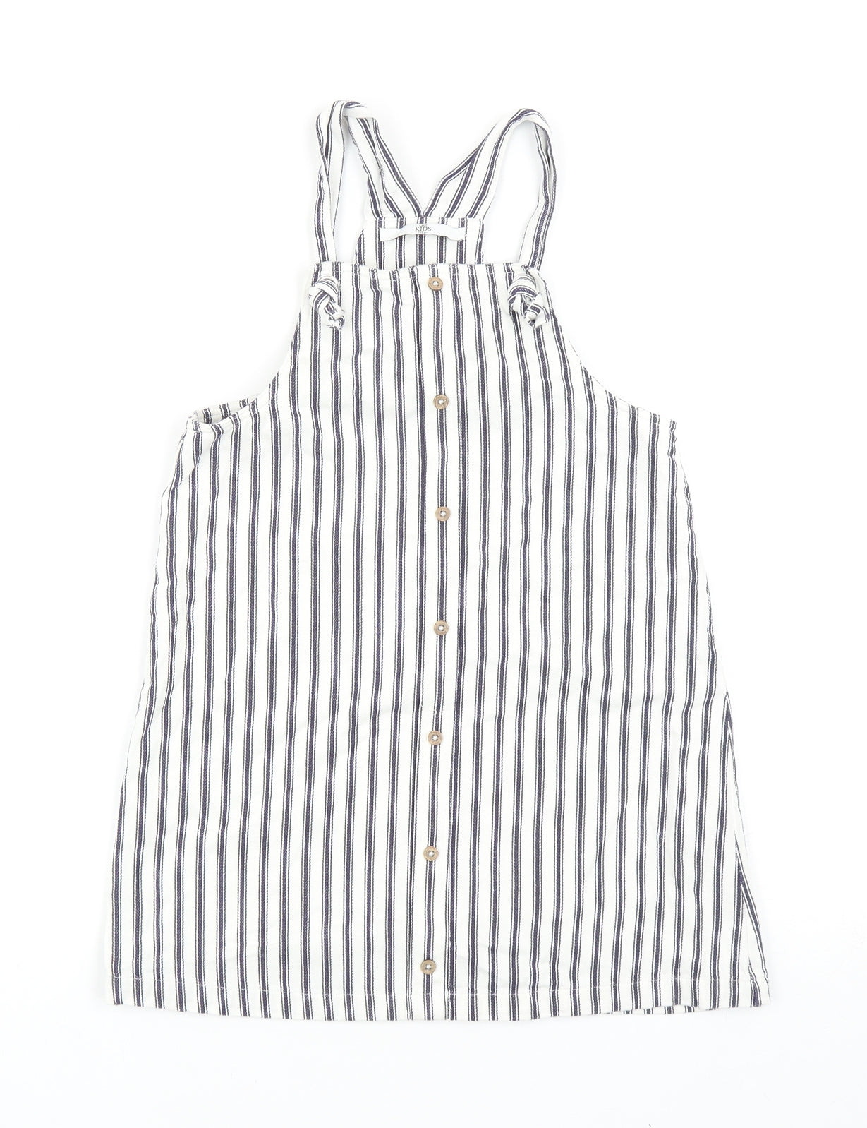 Marks and Spencer Girls Blue Striped Cotton Pinafore/Dungaree Dress Size 7-8 Years Square Neck Tie