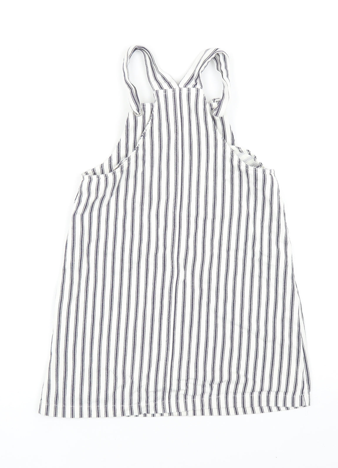 Marks and Spencer Girls Blue Striped Cotton Pinafore/Dungaree Dress Size 7-8 Years Square Neck Tie