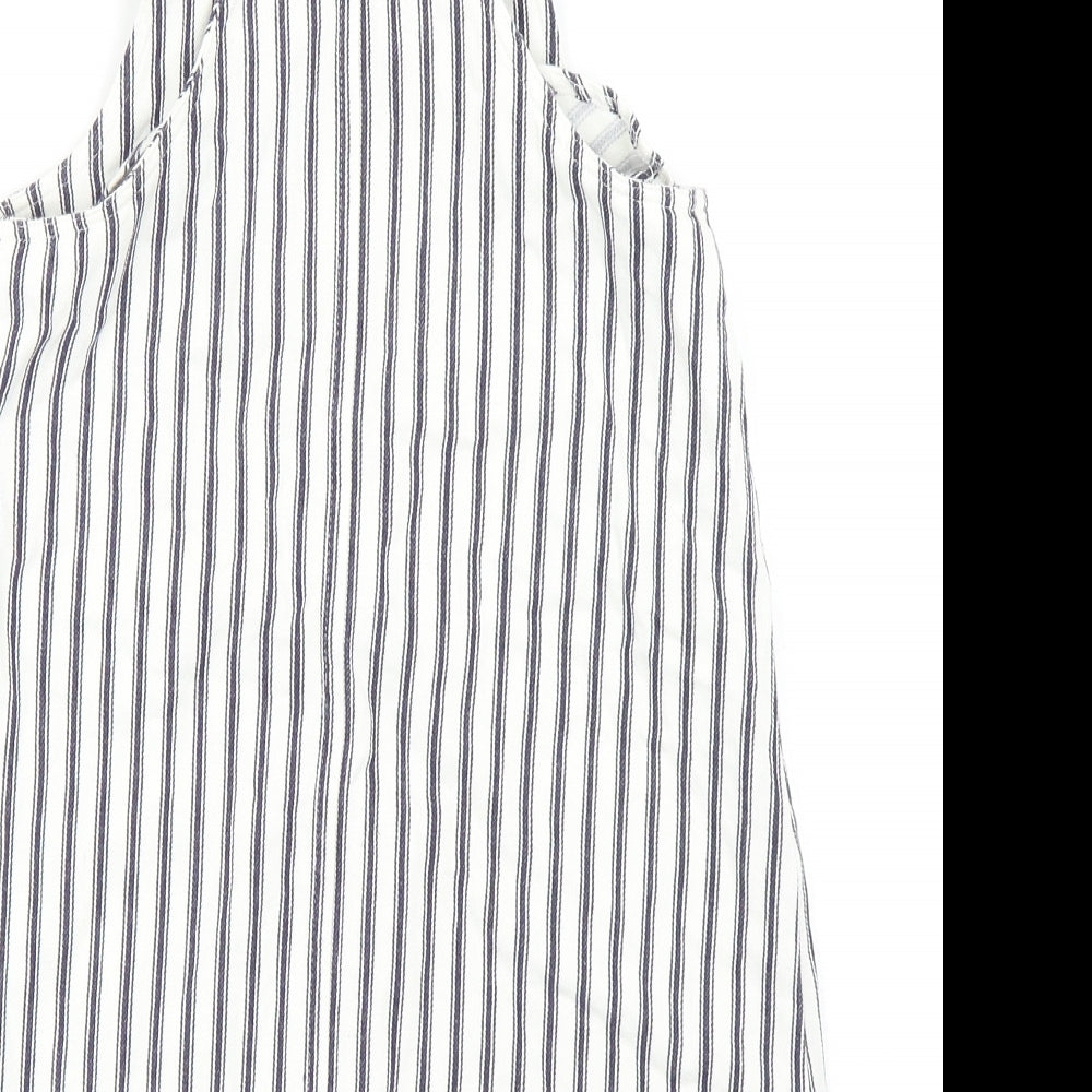 Marks and Spencer Girls Blue Striped Cotton Pinafore/Dungaree Dress Size 7-8 Years Square Neck Tie