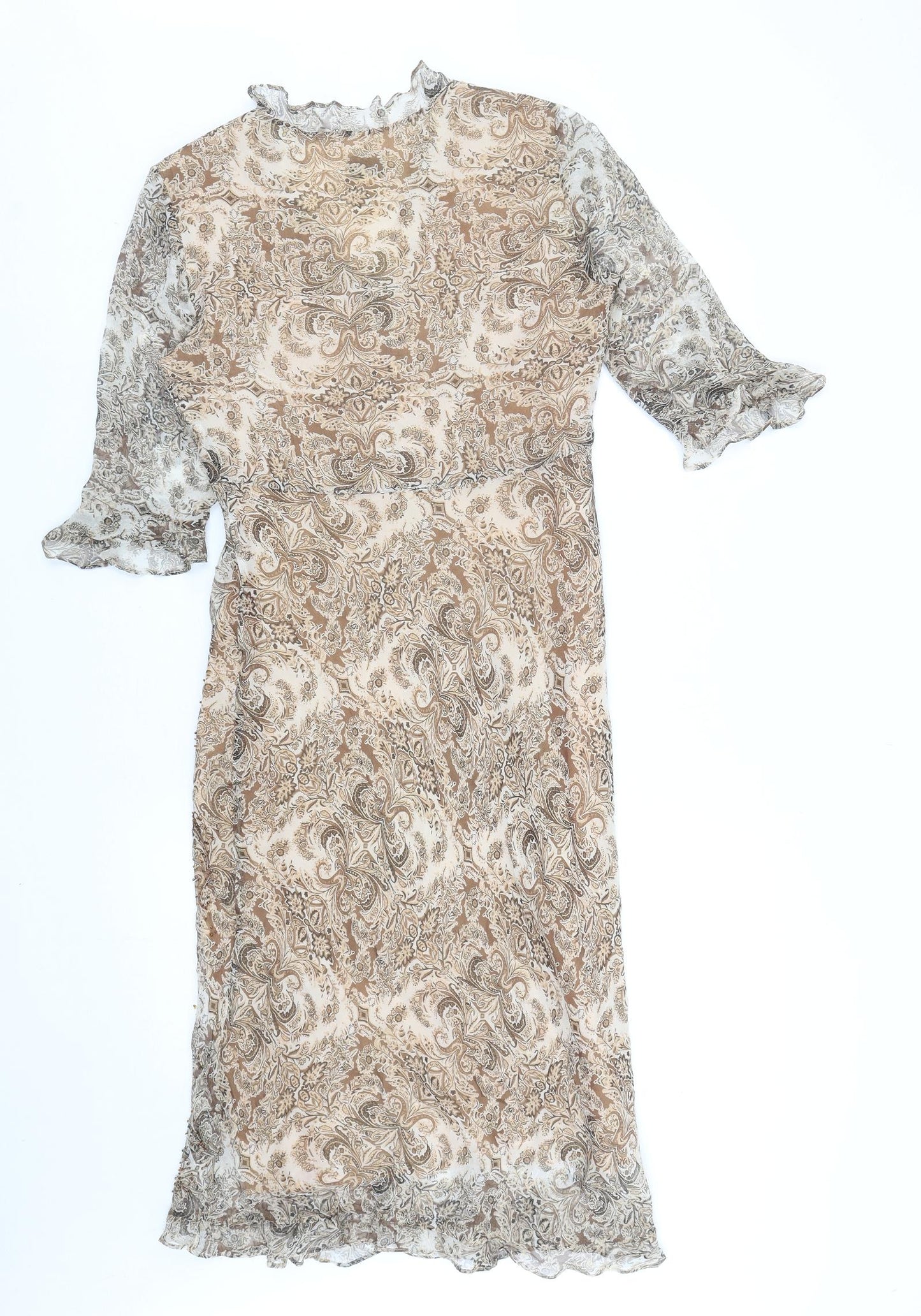 Ile Womens Brown Geometric Silk A-Line Size 6 V-Neck Button