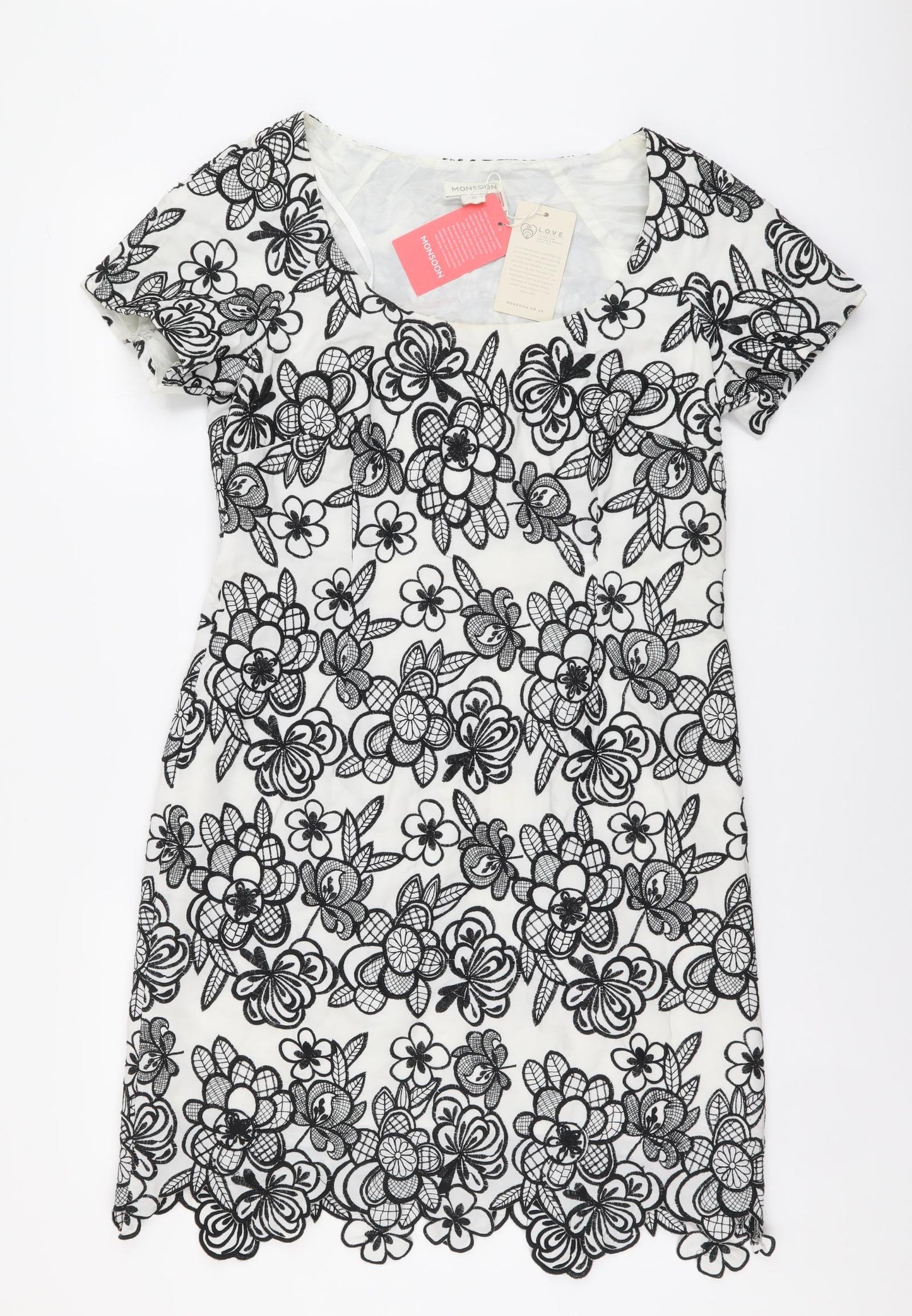 Monsoon Womens White Floral Polyester Sheath Size 12 Scoop Neck Zip