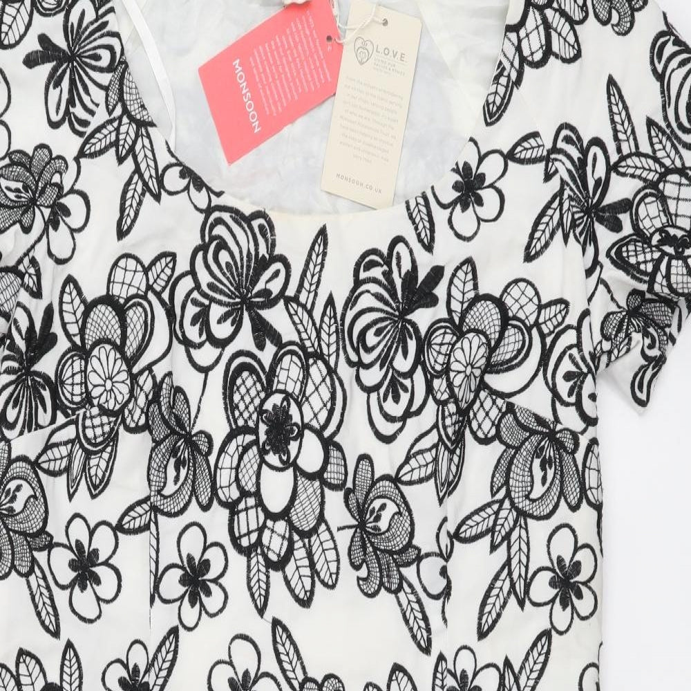 Monsoon Womens White Floral Polyester Sheath Size 12 Scoop Neck Zip