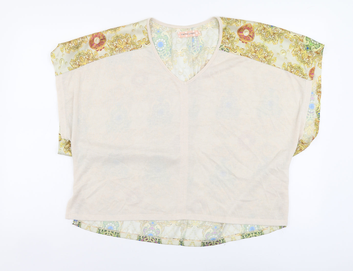 Traffic People Womens Beige Geometric Polyester Basic Blouse Size S V-Neck - Jewel Print