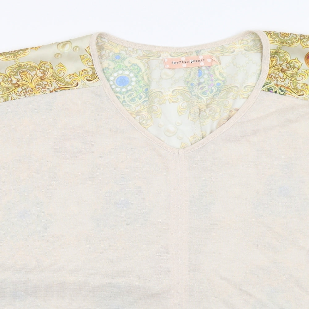 Traffic People Womens Beige Geometric Polyester Basic Blouse Size S V-Neck - Jewel Print