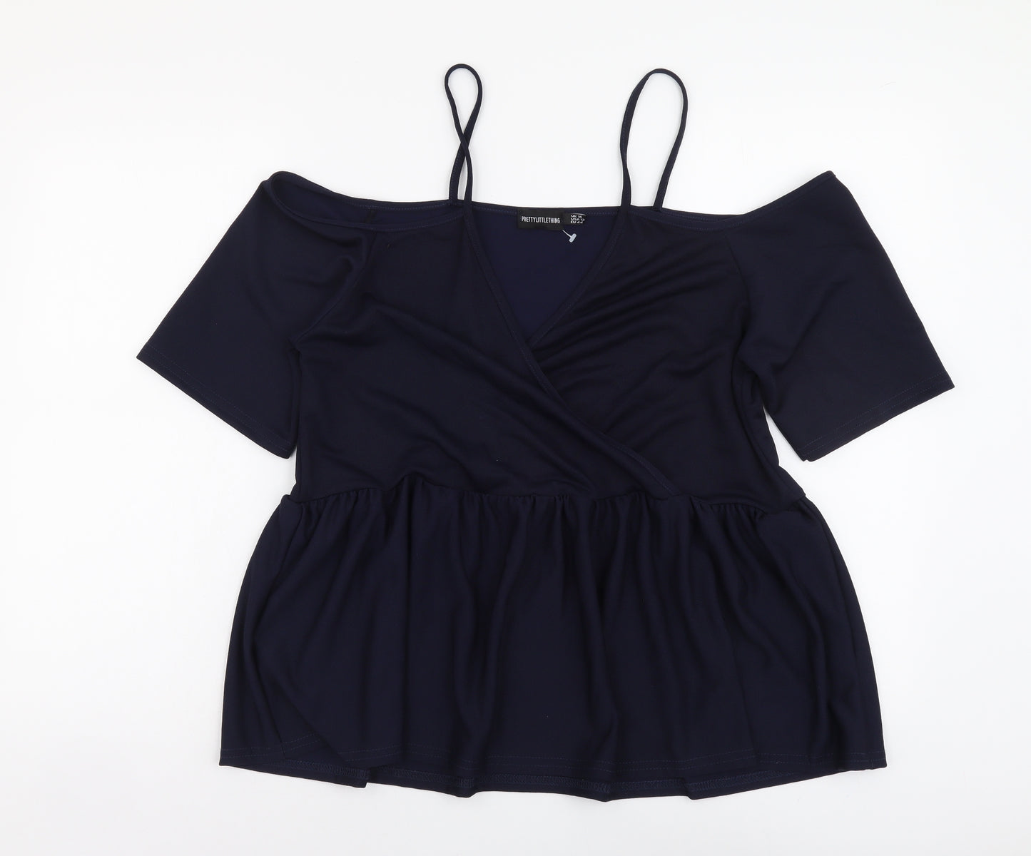 PRETTYLITTLETHING Womens Blue Polyester Basic Blouse Size 16 Off the Shoulder - Ruched