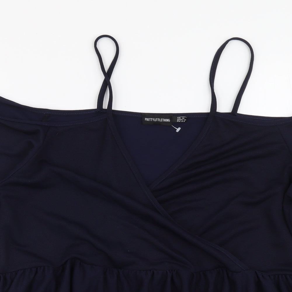 PRETTYLITTLETHING Womens Blue Polyester Basic Blouse Size 16 Off the Shoulder - Ruched