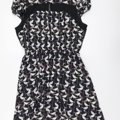 Luxe Womens Black Geometric Polyester Fit & Flare Size 14 Round Neck Button - Bird Pattern