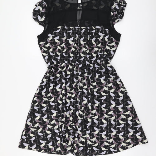 Luxe Womens Black Geometric Polyester Fit & Flare Size 14 Round Neck Button - Bird Pattern