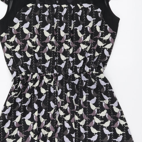 Luxe Womens Black Geometric Polyester Fit & Flare Size 14 Round Neck Button - Bird Pattern