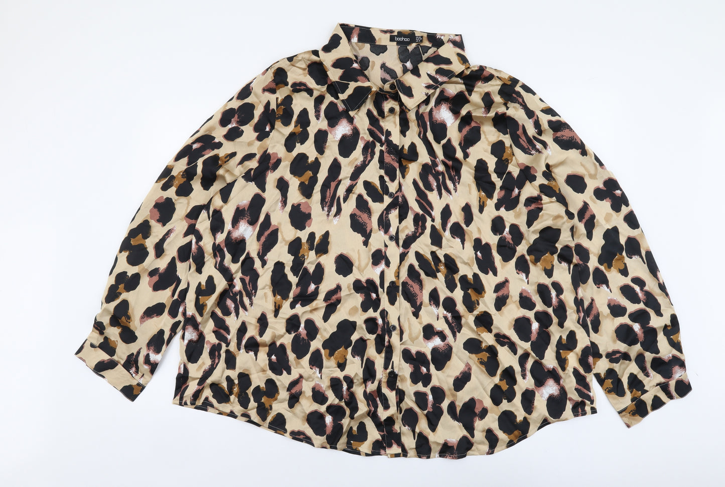Boohoo Womens Brown Animal Print Polyester Basic Button-Up Size 22 V-Neck - Leopard Print
