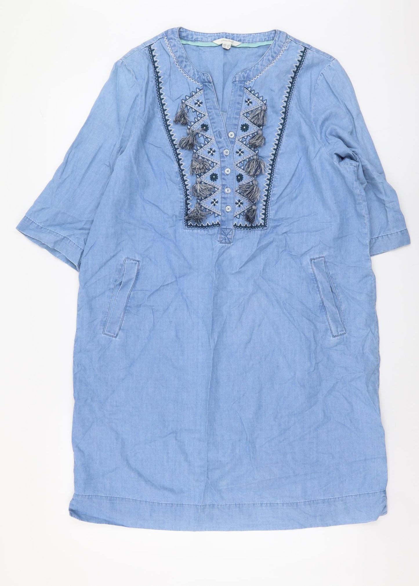 White Stuff Womens Blue Cotton Shift Size 14 V-Neck Button