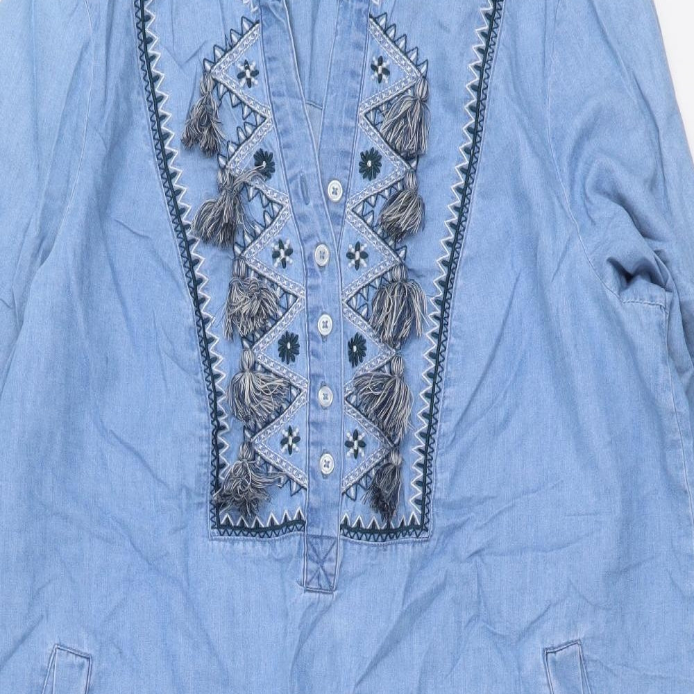White Stuff Womens Blue Cotton Shift Size 14 V-Neck Button