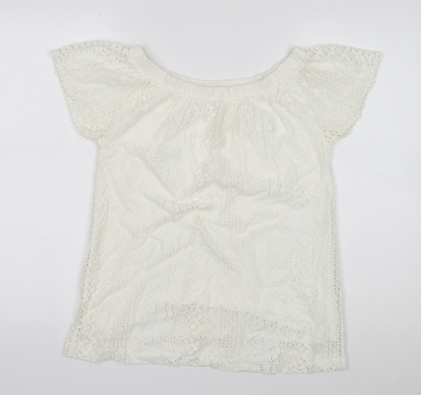 TU Womens White Geometric Cotton Basic T-Shirt Size 8 Off the Shoulder - Lace Detail