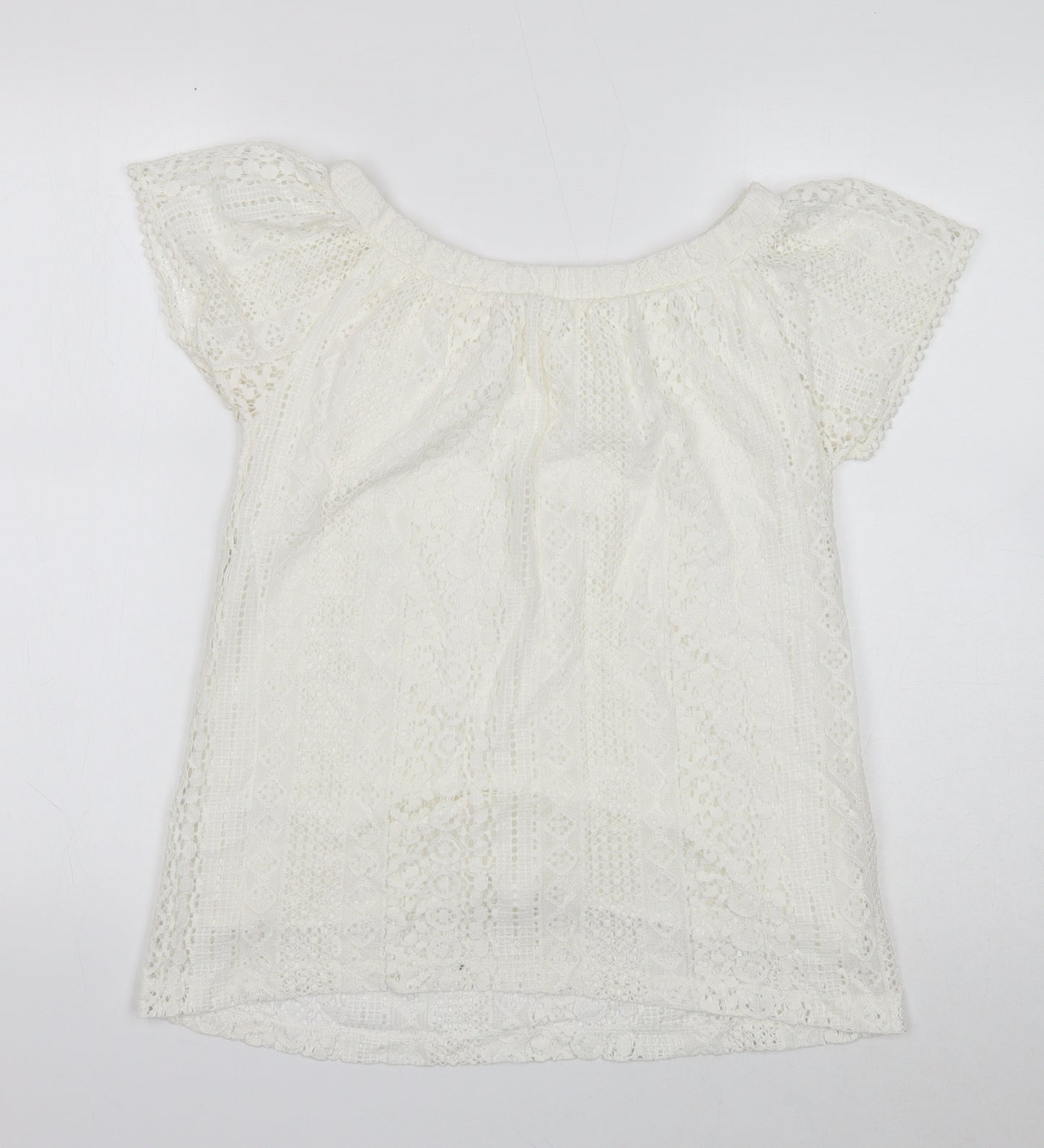 TU Womens White Geometric Cotton Basic T-Shirt Size 8 Off the Shoulder - Lace Detail
