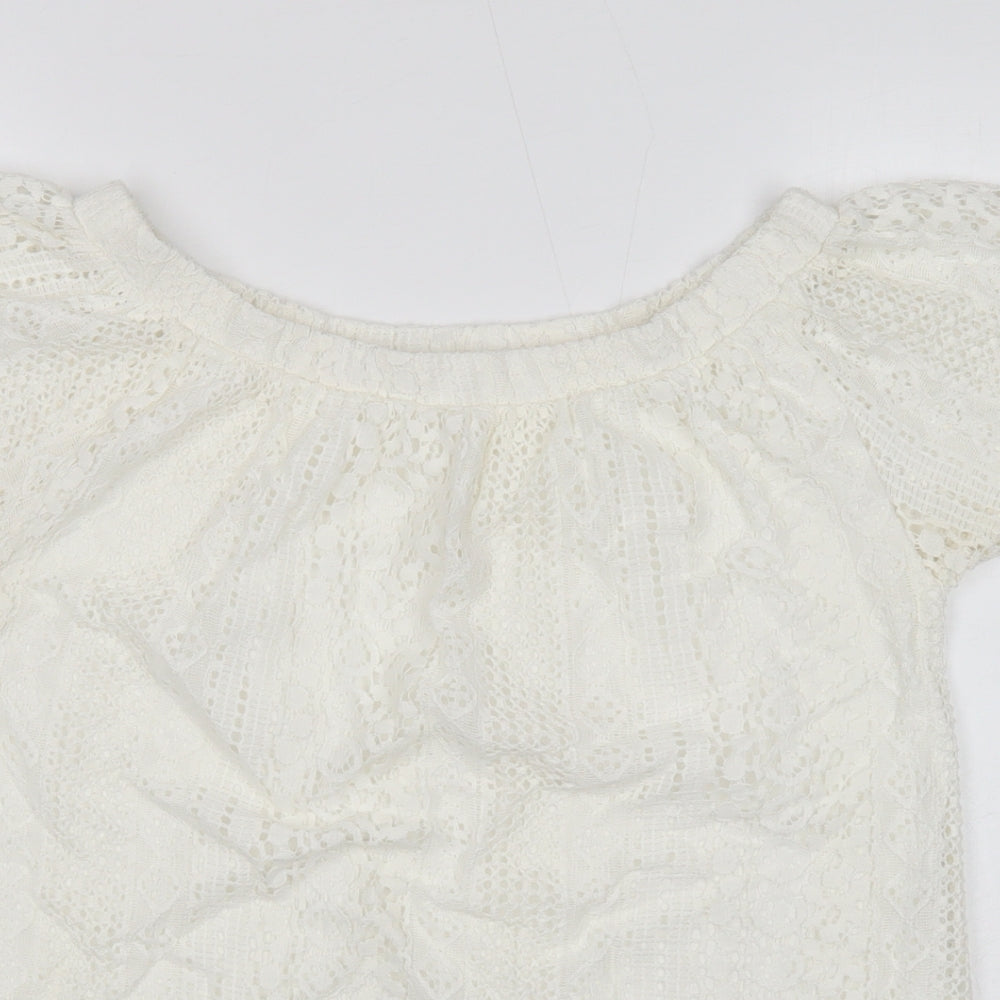 TU Womens White Geometric Cotton Basic T-Shirt Size 8 Off the Shoulder - Lace Detail