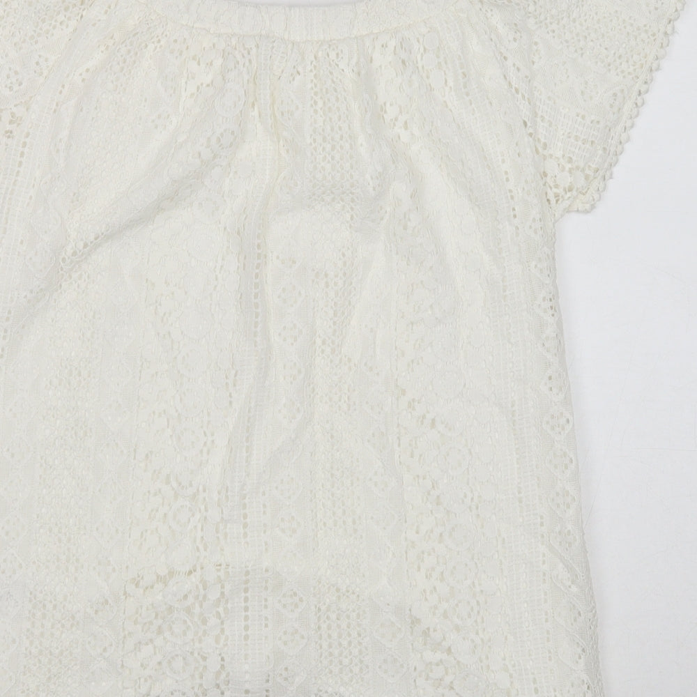 TU Womens White Geometric Cotton Basic T-Shirt Size 8 Off the Shoulder - Lace Detail