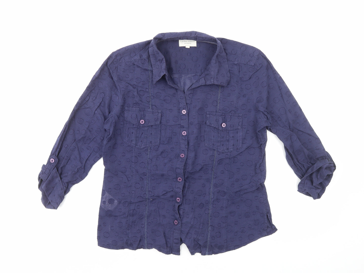 Laura Ashley Womens Blue Geometric Cotton Basic Button-Up Size 14 Collared